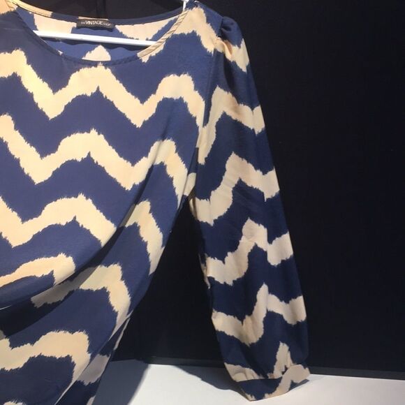 Vintage Shop Beige and Blue Dress - Size Large - Picture 3 of 11